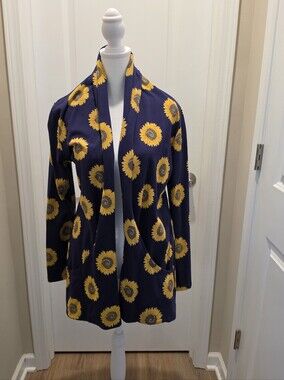 Open-Front Sunflower Print Blouse Cardigan - Navy and Yellow